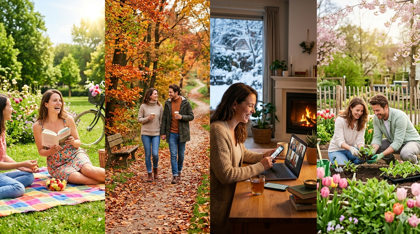 Vrijetijdsbesteding verandert mee met het seizoen, van buitenleven tot online verbinding
